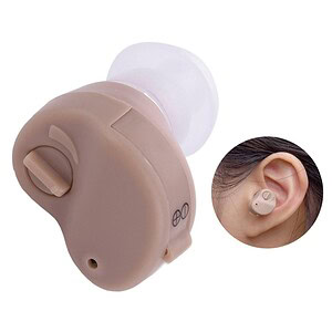 Wireless hearing aid device in beige color, designed for discreet hearing enhancement. Compact and comfortable, ideal for age-related hearing loss. Suitable for daily use, with adjustable settings for personalized comfort.