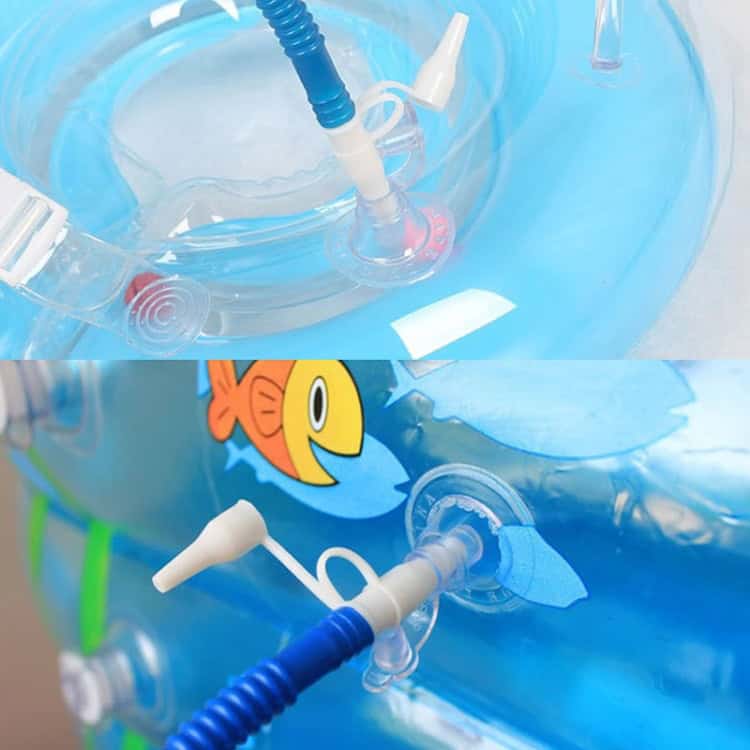 Yellow Portable Plastic Foot Air Pump - Convenient Hand-press for Inflatables 5 Inflatable Swimming Pool With Clear Water, Colorful Fish Illustration, And Attached Water Spray Features For Children’s Outdoor Fun. Durable Design Makes It Perfect For Summer Family Activities.