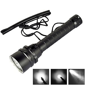 High-powered tactical flashlight with adjustable beam, durable black design, and lens for outdoor and emergency use. Perfect for camping, hiking, security, and search-and-rescue operations.