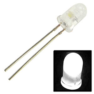 Miniature LED indicator light with two metal legs for electronic circuit applications, ideal for status indication on devices and boards.