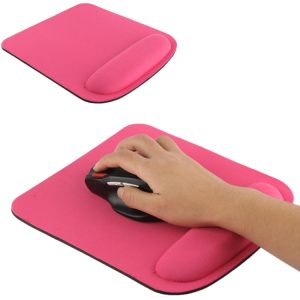 Pink ergonomic mouse pad with wrist support for comfortable computer use.