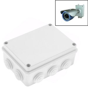 Multiple outlet waterproof junction box with cable grommets for outdoor electrical wiring protection, suitable for security cameras and outdoor lighting installations.