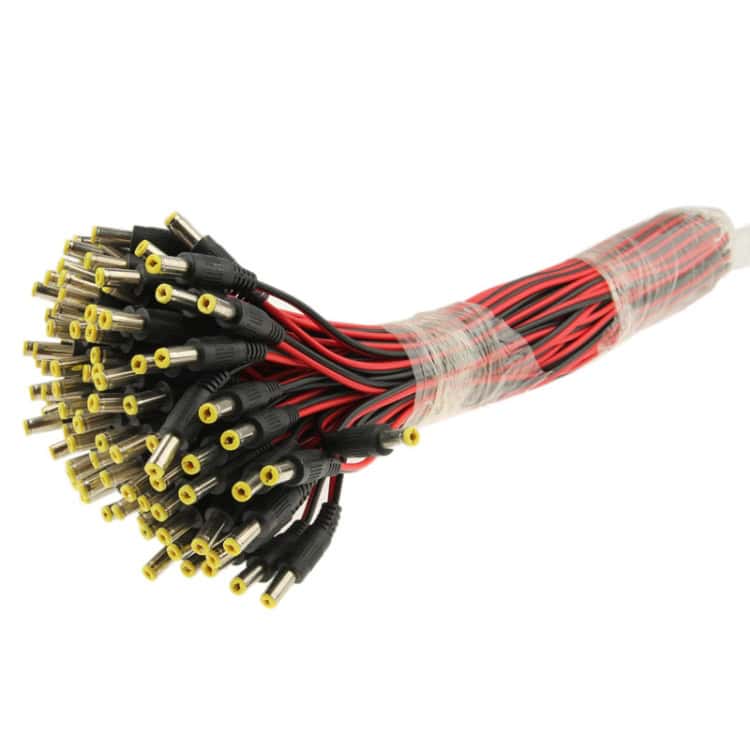 100PCS DC Power Male Barrel Connector 5.5x2.1mm for LED Controller, 30cm Length 4 Multiple Black And Red Electronic Wires With Yellow Connectors Bundled Together For Electronic Projects And Wiring Solutions.