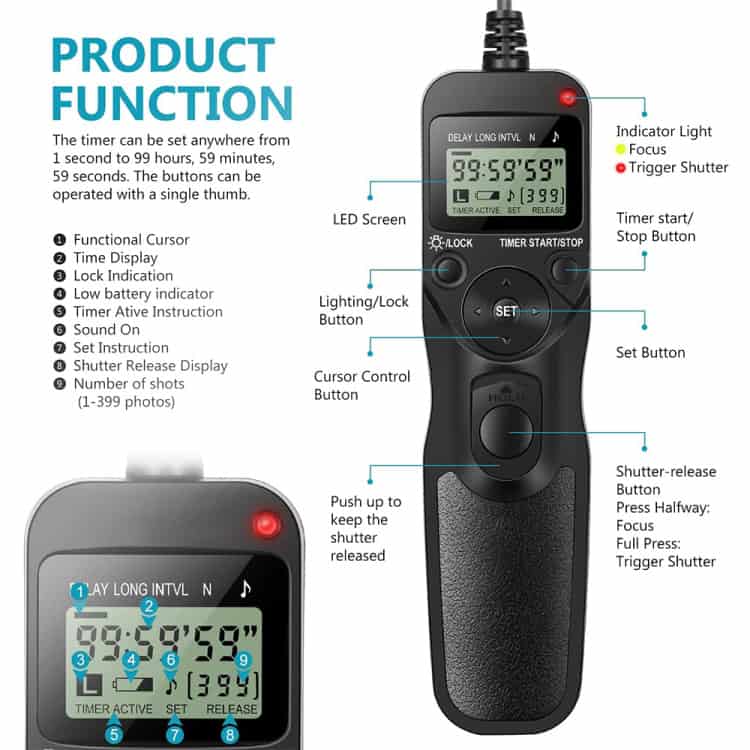 Aputure AP-TR3N Timer Remote Cord for Nikon D5100, D3100 - Efficient Control 3 Timers And Remote Control Device For Professional Photography And Videography, Featuring Lcd Screen, Focus, Trigger Shutter, And Setting Buttons For Precise Control.