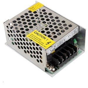High-quality switch power supply unit with metal casing, safety warning labels, and terminal connections, ideal for electronic projects and industrial automation applications.