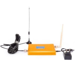 Orange signal booster device with two antennas and a power adapter.