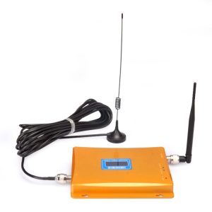 Orange signal booster device with two antennas and a long cable for connectivity.