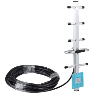 Pole-mounted antenna with coaxial cable for wireless communication, broadband internet, or network connectivity. Ideal for outdoor signal boosting and long-range data transmission.