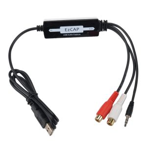 EZCAP USB audio capture device for recording from analog sources, compatible with PC and audio input, essential for digital audio recording and streaming.