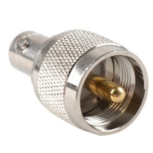 BNC connector, silver metal RF connector with gold-plated center pin, used for coaxial cable connections in telecommunications and broadcasting.
