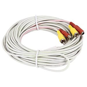 White AV cable with red and yellow connectors for audio and video transmission, coiled and tied with zip ties.