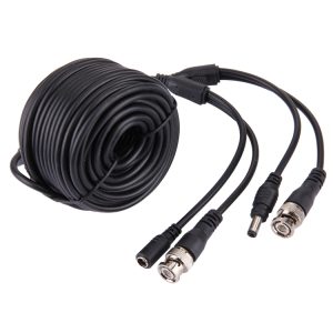 Black CCTV security camera cable with BNC connectors, coaxial video cable for surveillance systems, long length cable for home or business security setup, Syndmart security accessories.