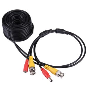 Coaxial cable with AV connectors for audiovisual and security camera systems.