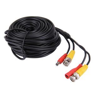 Black CCTV security camera extension cable for surveillance systems with RCA connectors and BNC connectors, suitable for video transmission and security setup.