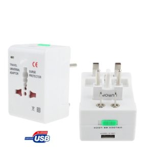 Universal Travel Power Adaptor Plug with USB Charger Socket (White) - Stay Connected on the Go