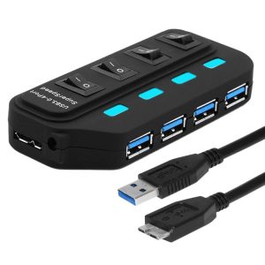 Efficient Black Design: 4-Port USB 3.0 Hub with Individual Switches