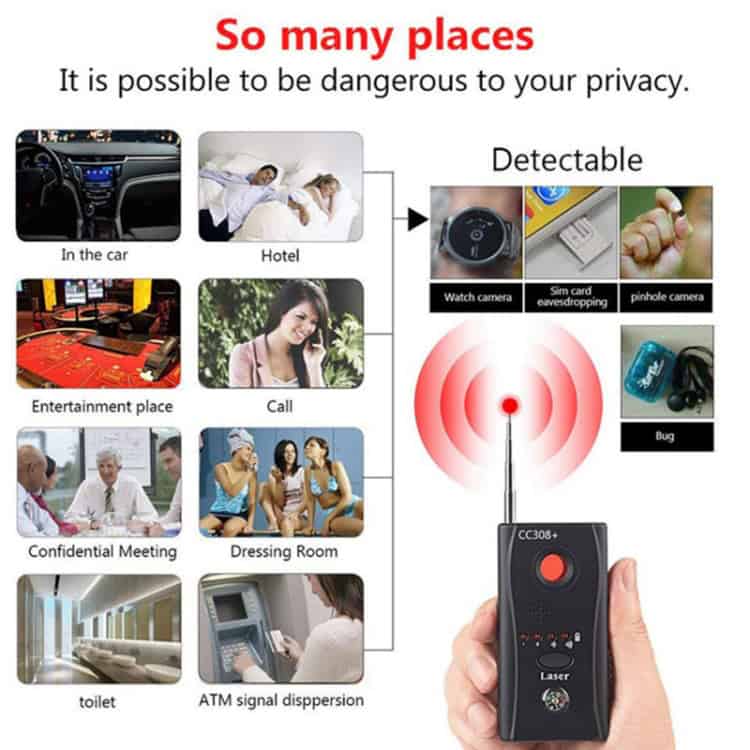 CC308+ Wireless Camera Lens Detector RF Signal GSM Finder (EU Plug) 13 Cc308+ Bug Detector Device With A Red Led Indicator And Antenna For Detecting Hidden Cameras And Listening Devices.