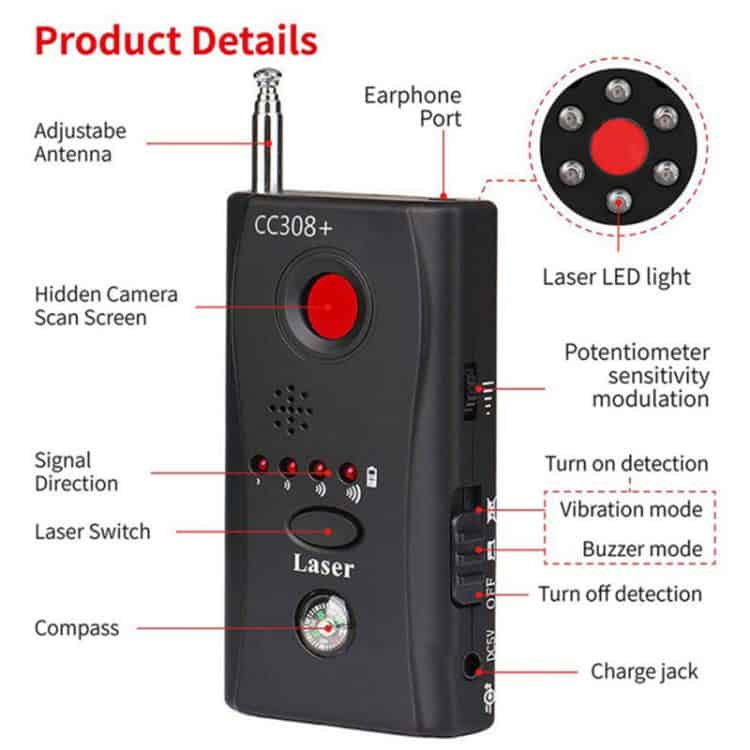 CC308+ Wireless Camera Lens Detector RF Signal GSM Finder (EU Plug) 8 Cc308+ Wireless Signal Detector With Adjustable Antenna And Various Control Features.