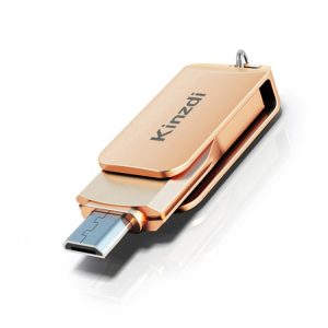 USB flash drive with a metallic rose gold finish and the brand name "Kinzai" printed on it, designed for data storage and transfer.