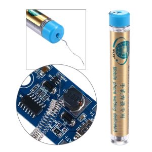 Blue and gold electronic circuit pen with microchip and spring components for mobile phone welding and repair.