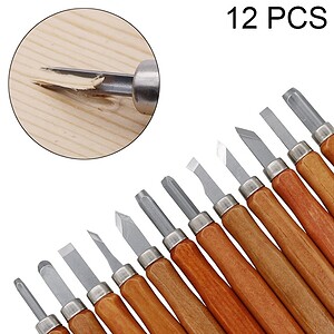 Sharp carving tools set with wooden handles, ideal for woodwork, sculpture, and craft projects. Includes 12 precision knives for detailed carving and whittling tasks.