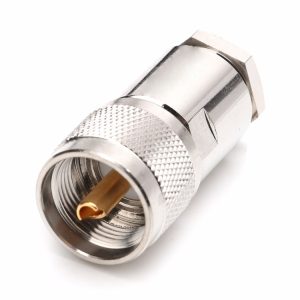 Metal coaxial connector with gold-plated pin, used in telecommunications and networking.