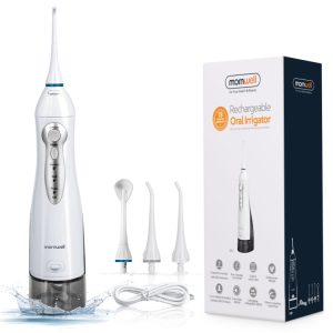 Rechargeable oral irrigator with multiple tips and charging cable included in the package.