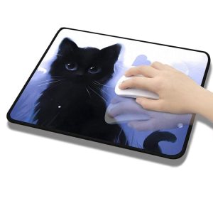 Black cat illustration on touchscreen tablet with hand cleaning screen, digital pet art, cute and modern electronic device, Syndmart digital art products, cat-themed tech accessories.