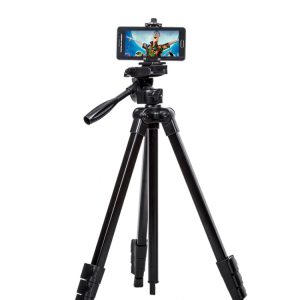 High-quality tripod with smartphone mount for content creation and video recording. Perfect for vlogging, live streaming, and professional photography. Durable and adjustable for optimal stability.