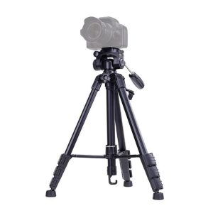 Tripod with camera for professional photography and videography, adjustable height and stability for high-quality shots.