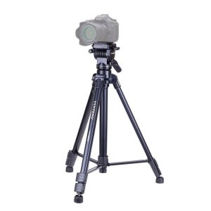 Tripod with camera for professional photography and videography, sturdy black stand promoting stable shots.