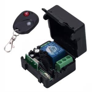 Remote control relay module with a key fob featuring two buttons, A and B.