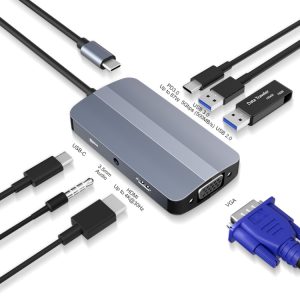 JUNSUNMAY 7-in-1 Type-C Hub: 4K HDMI+VGA+Audio, PD Quick Charge Adapter