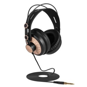 Black Over-Ear Headphones With Rose Gold Accents And A 3.5Mm Audio Jack.