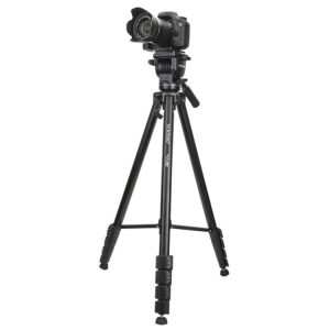 Camera mounted on a professional tripod for high-quality video and photography shoots. Ideal for content creators, vloggers, and filmmakers seeking stability and precision.