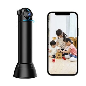 AI-generated image of a black 360-degree camera and a smartphone showing children playing with a caregiver, illustrating smart home security and monitoring solutions by Syndmart.