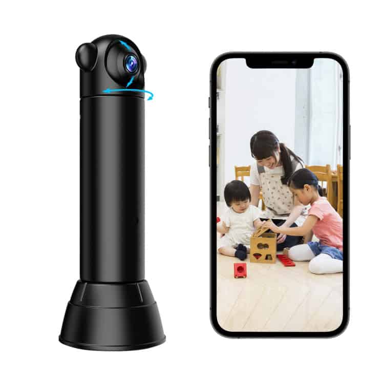 Night Vision Mini Camera - V10 HD Infrared, Remote Control Security Camera 1 Ai-Generated Image Of A Black 360-Degree Camera And A Smartphone Showing Children Playing With A Caregiver, Illustrating Smart Home Security And Monitoring Solutions By Syndmart.