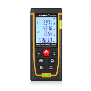 Laser distance meter with digital screen displaying measurements up to 120 meters for precise distance tracking. Ideal for construction, DIY projects, and professional surveying.