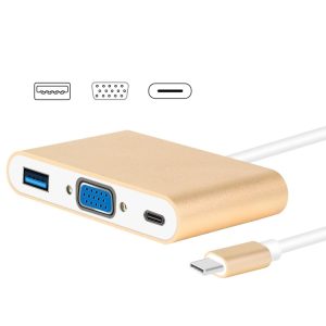 USB Type C to VGA 3-in-1 Hub Adapter for MacBook Pro / ChromeBook - Supports USB Type C Devices