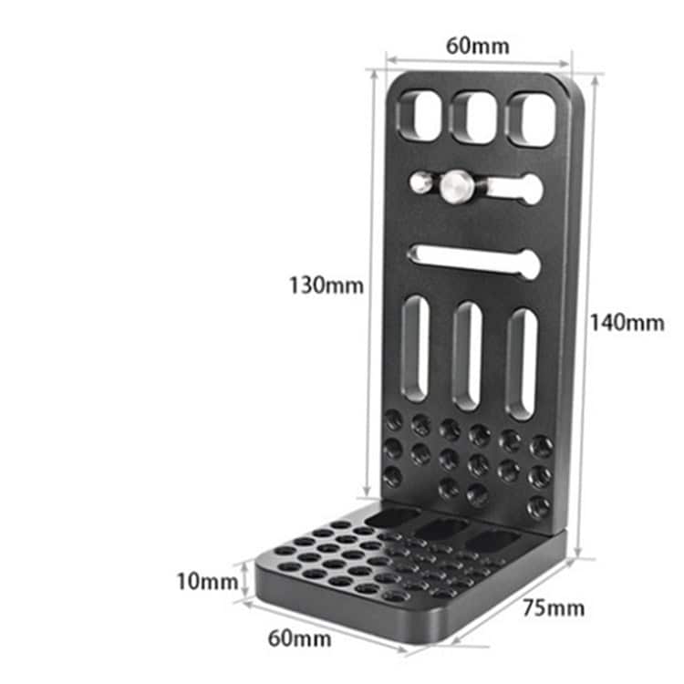 BEXIN L130A Vertical Shoot L Plate Bracket: 1/4" Screw Holes Base Holder 4 Black Metal Surgical Instrument Holder With Multiple Slots And Holes, Measuring 140Mm X 75Mm, Designed For Efficient Organization Of Medical Tools And Instruments.