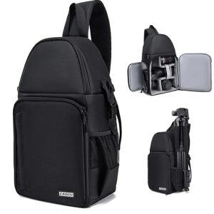 Black camera backpack with multiple compartments, tripod holder, and side mesh pocket for photography gear, perfect for professional photographers and videographers.