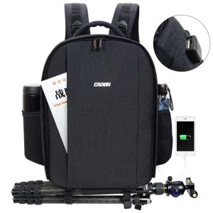 Black camera backpack with charging port and tripod holder for photographers and travelers.