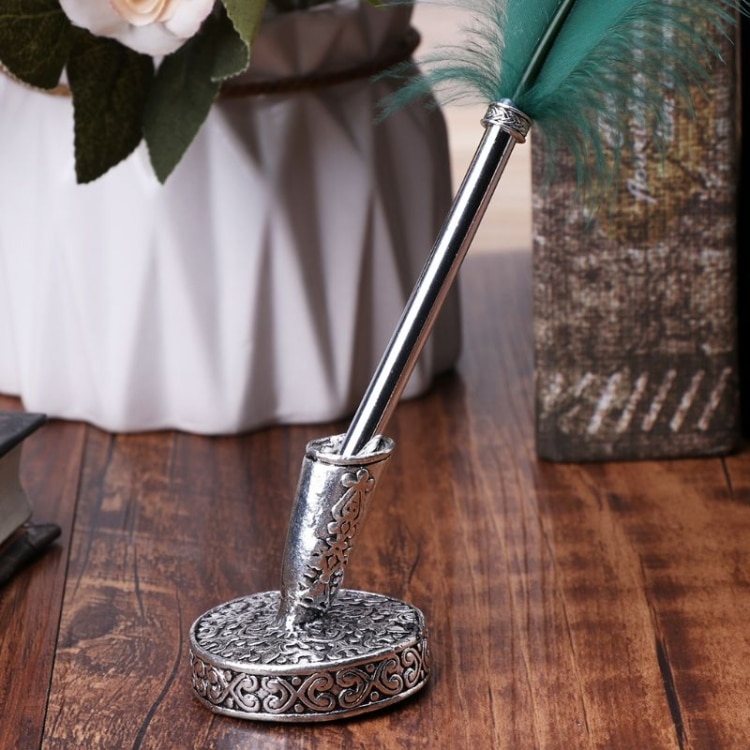 Vintage Feather Pen Holder - Metal Round Stand for Elegant Writing Instruments 5 Vintage Feather Pen Holder - Metal Round Stand For Elegant Writing Instruments - Image 5