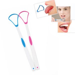 Two tongue scrapers with blue and pink handles, designed for oral hygiene.