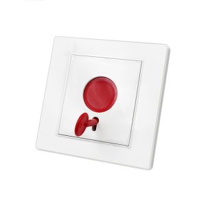 Red emergency stop button on white electrical switch panel, safety control device for industrial and commercial use. Ideal for fire safety, hazard prevention, and emergency shutdown systems.