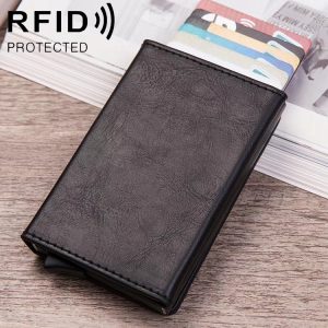 Black RFID protected card holder with several cards partially visible inside.