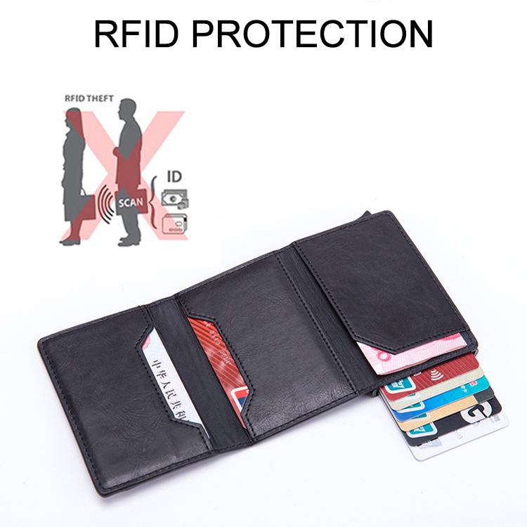 Aluminum RFID Magnetic Bag: Automatic Pop-up Card Holdernodiscard 7 Open Black Wallet Displaying Multiple Credit Cards And An Rfid Protection Symbol.