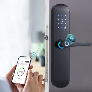 Electronic smart lock with keypad and fingerprint scanner for keyless entry and smartphone control for secure home or office access systems.