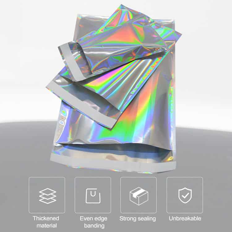 100 Self-Sealing Plastic Gift Packaging Bags - Effortless Envelopes for Any Occasion 10 Holographic Metallic Packaging Pouch With Strong Sealing And Thickened Material For Premium Product Protection.