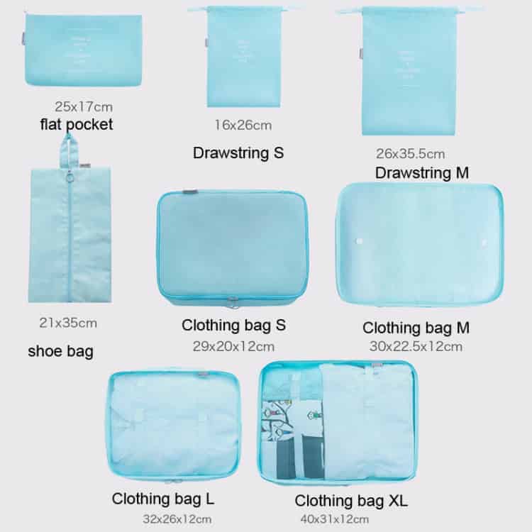 Travel Storage Bag Set - Pack Efficiently with Folding Storage Bags 3 Light Blue Travel Packing Organizer Set Including Flat Pocket, Drawstring Small And Medium, Shoe Bag, And Various Clothing Bags In Multiple Sizes For Efficient Luggage Packing.